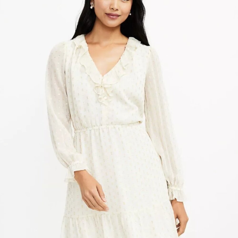 Loft Holiday Dress Cream w/ gold embroidered dots